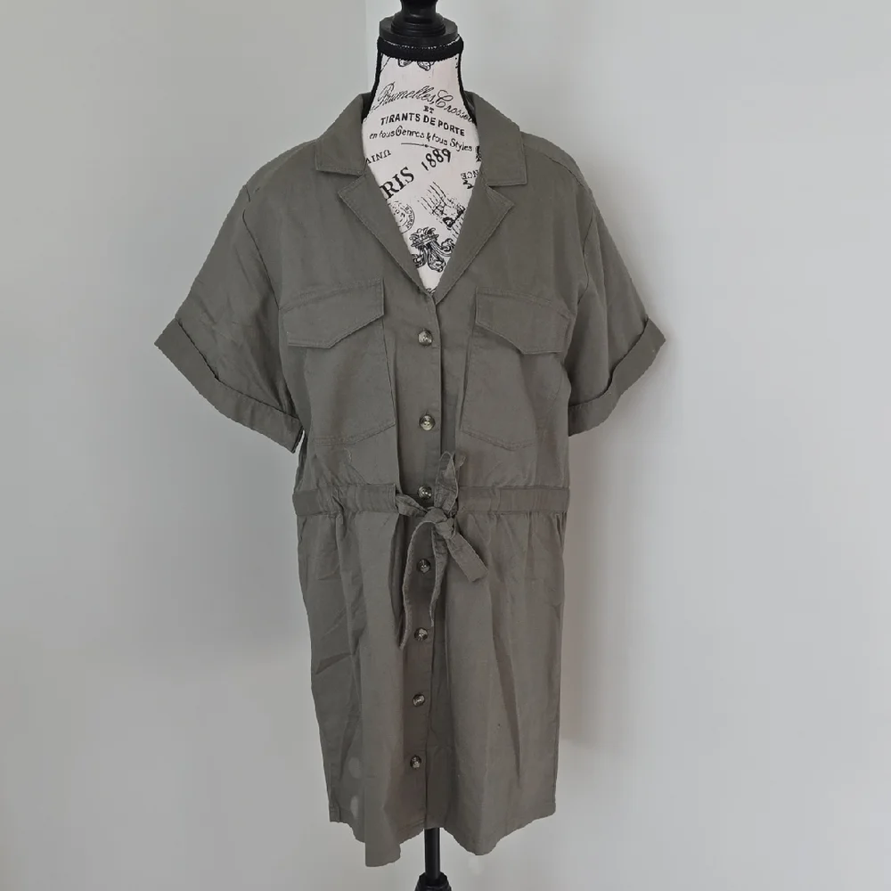 h&m khaki shirt dress Women's Dark khaki green Tie-belt Shirt Dress